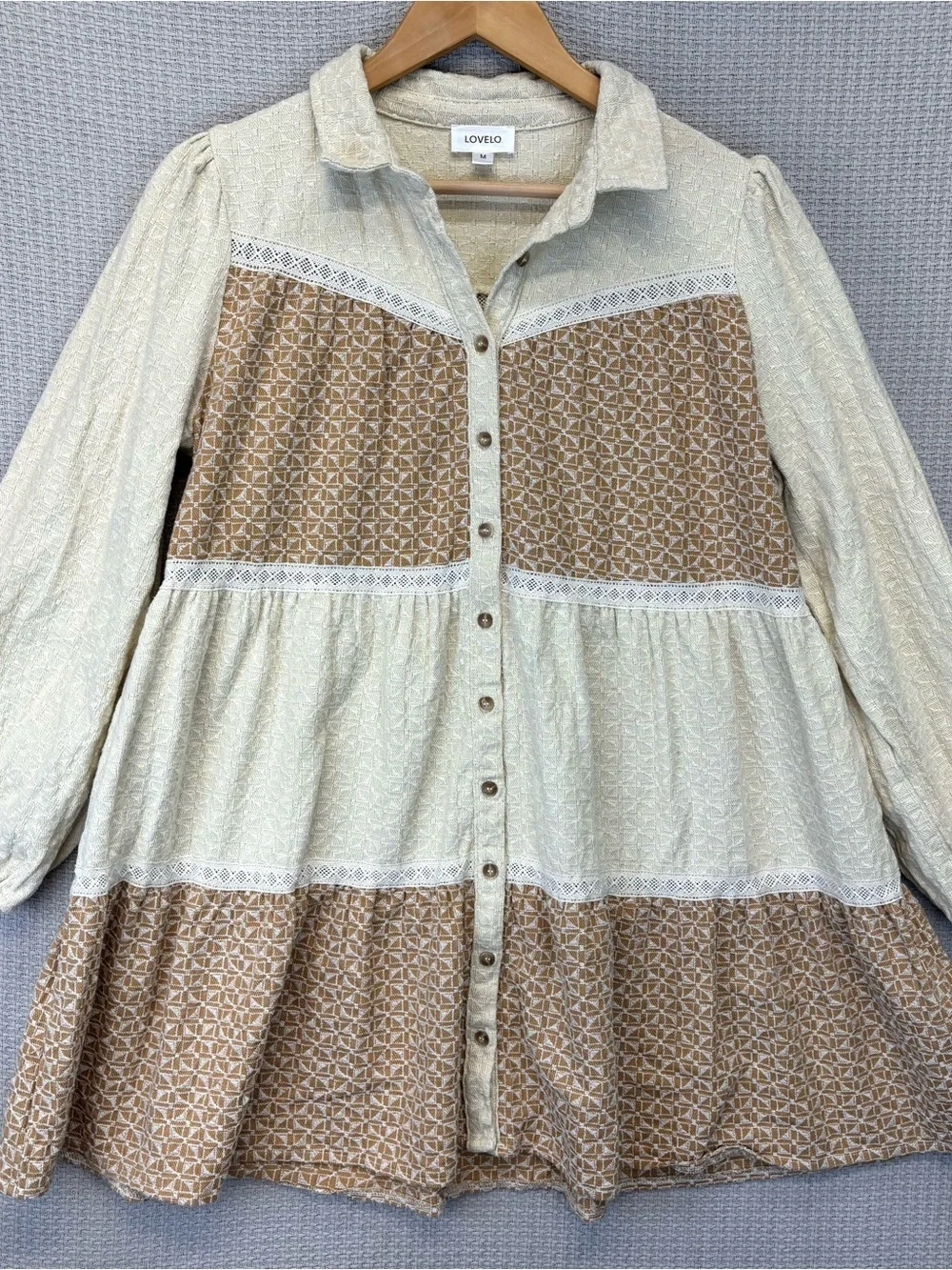 LOVELO Embroidered Color Block Collared Dress Cream Tan Med 100% Cotton Boho EUC